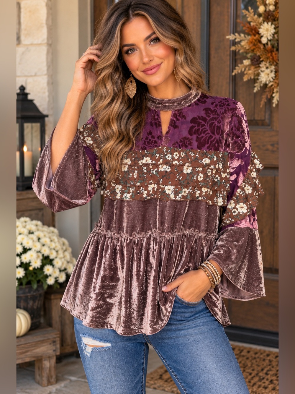 POL Mixed Velvet Floral Boho Peplum Top – Small – NWOT A35